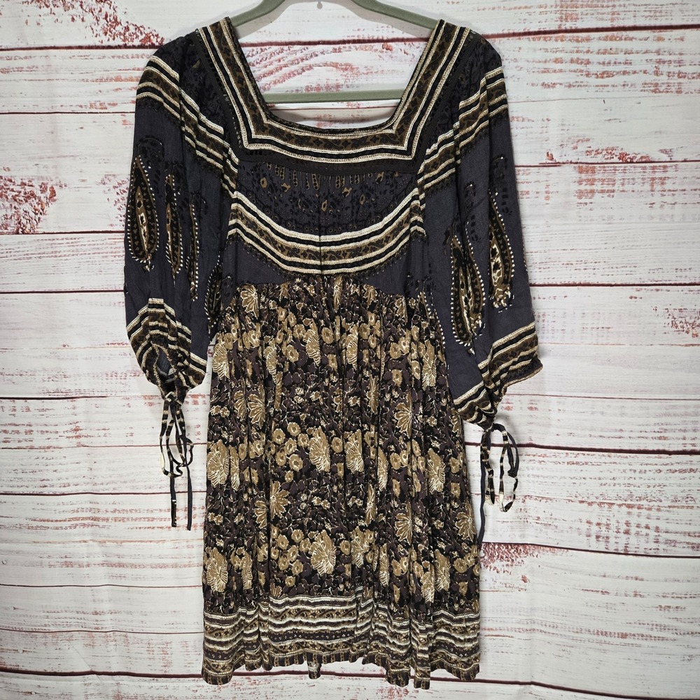 Free People Paisley Floral Boho Mini Dress Brown‎ White Women's Small